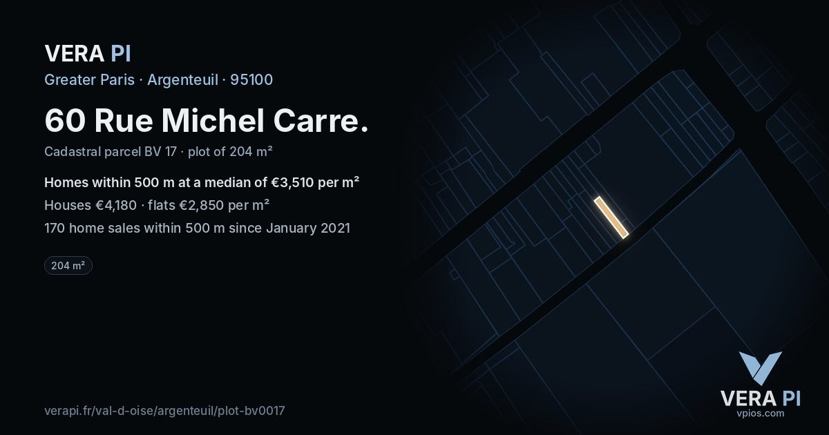 60 Rue Michel Carre, Argenteuil at night – the plot lit, the parcels around coloured by the prices near them