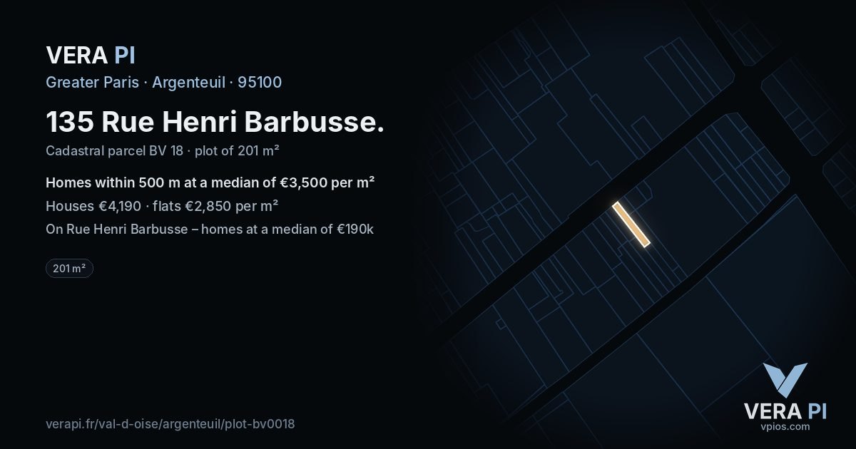 135 Rue Henri Barbusse, Argenteuil at night – the plot lit, the parcels around coloured by the prices near them