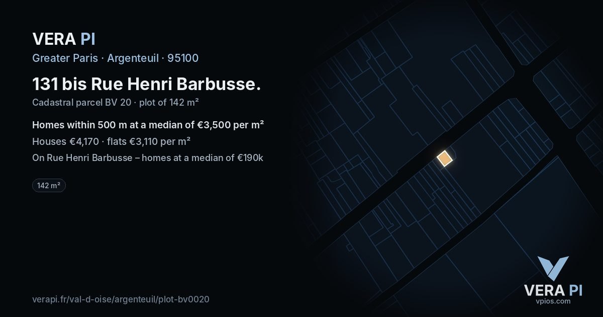 131 bis Rue Henri Barbusse, Argenteuil at night – the plot lit, the parcels around coloured by the prices near them