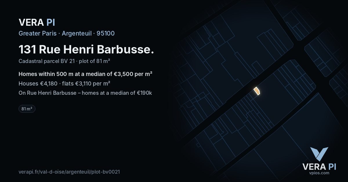 131 Rue Henri Barbusse, Argenteuil at night – the plot lit, the parcels around coloured by the prices near them