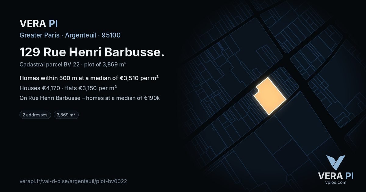 129 Rue Henri Barbusse, Argenteuil at night – the plot lit, the parcels around coloured by the prices near them