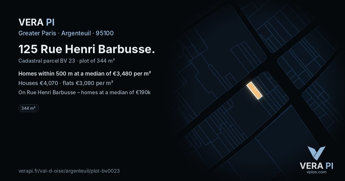 125 Rue Henri Barbusse, Argenteuil at night – the plot lit, the parcels around coloured by the prices near them