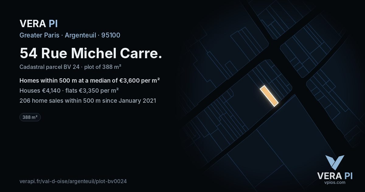 54 Rue Michel Carre, Argenteuil at night – the plot lit, the parcels around coloured by the prices near them