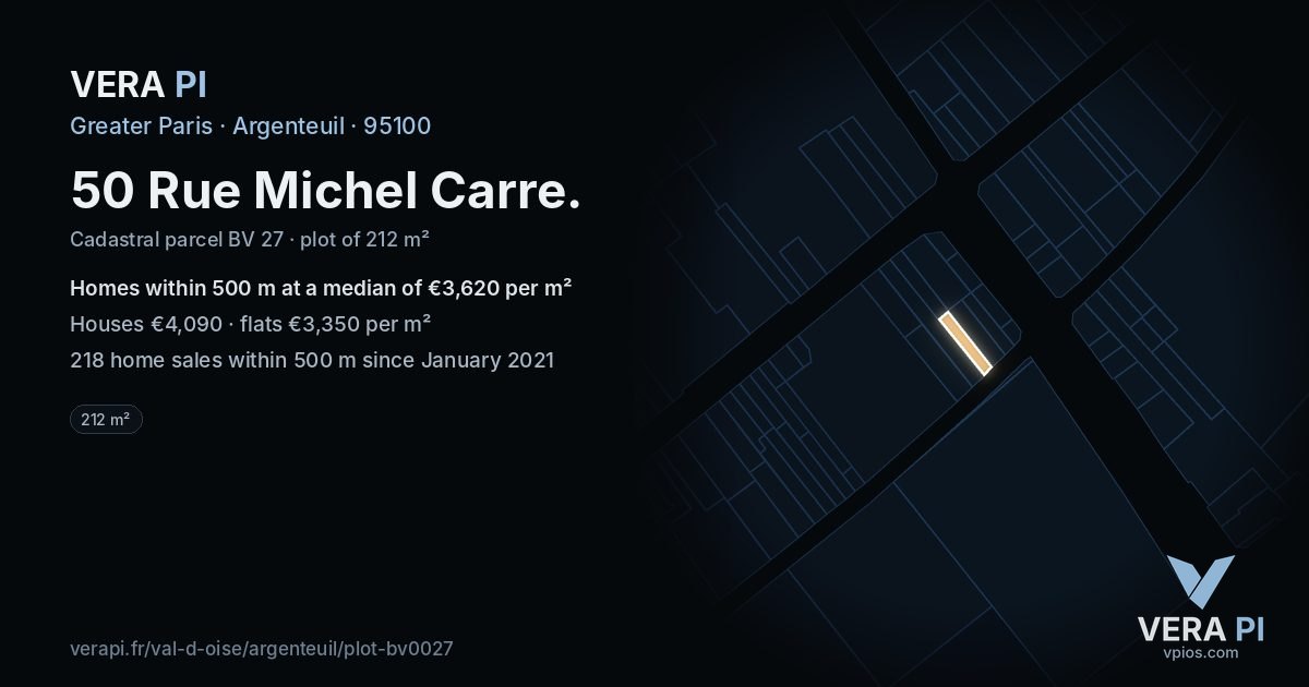 50 Rue Michel Carre, Argenteuil at night – the plot lit, the parcels around coloured by the prices near them