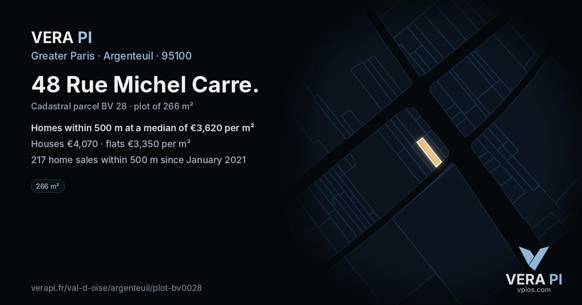 48 Rue Michel Carre, Argenteuil at night – the plot lit, the parcels around coloured by the prices near them