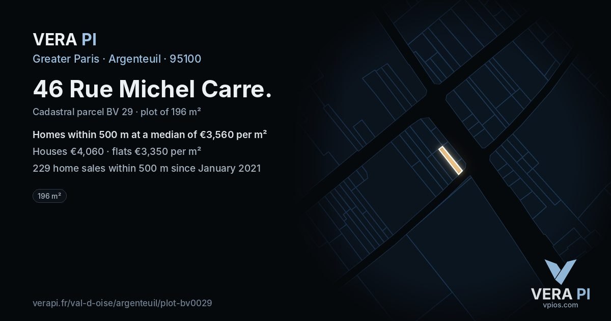 46 Rue Michel Carre, Argenteuil at night – the plot lit, the parcels around coloured by the prices near them