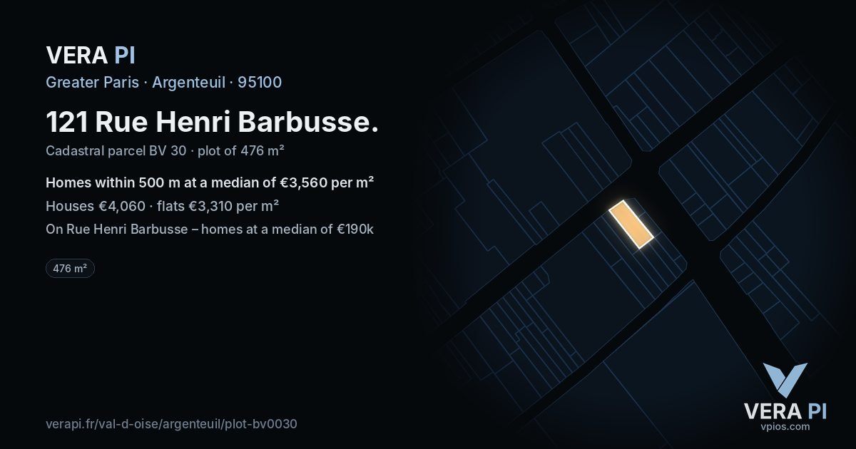121 Rue Henri Barbusse, Argenteuil at night – the plot lit, the parcels around coloured by the prices near them