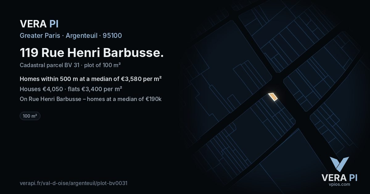 119 Rue Henri Barbusse, Argenteuil at night – the plot lit, the parcels around coloured by the prices near them
