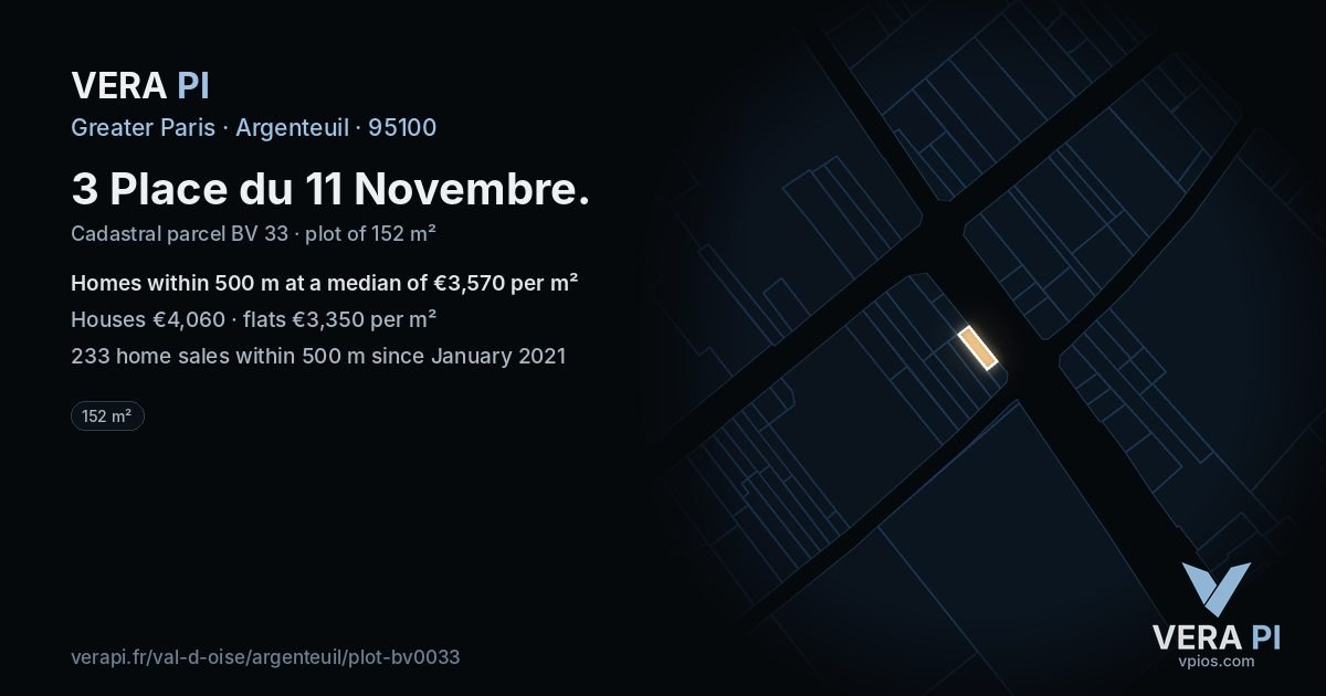 3 Place du 11 Novembre, Argenteuil at night – the plot lit, the parcels around coloured by the prices near them