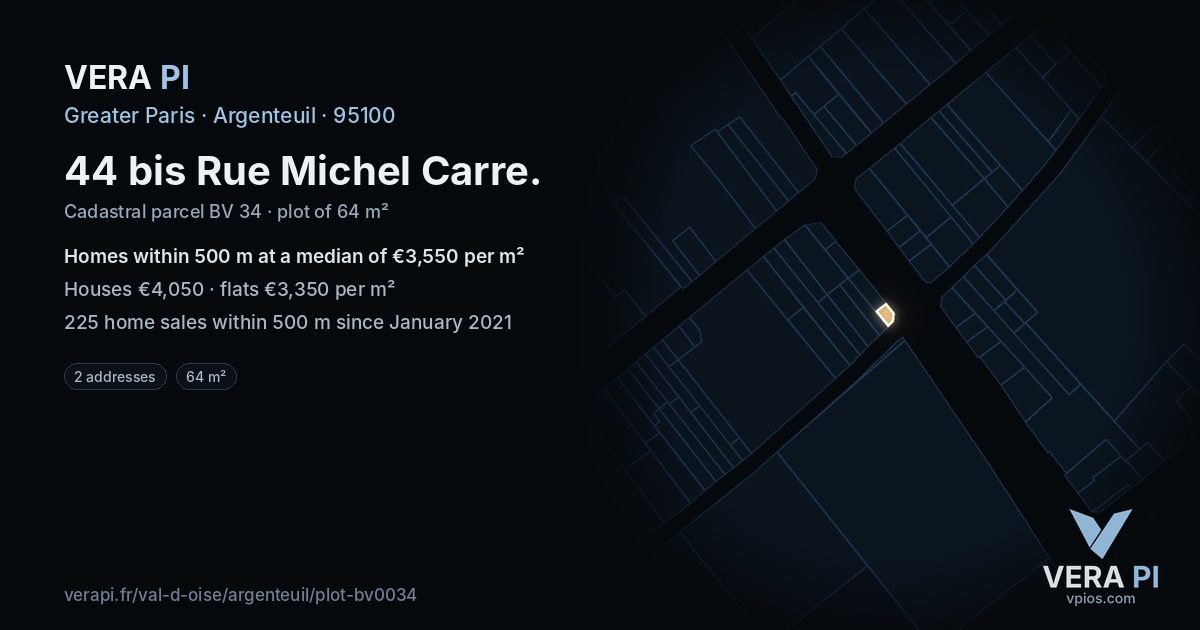 44 bis Rue Michel Carre, Argenteuil at night – the plot lit, the parcels around coloured by the prices near them