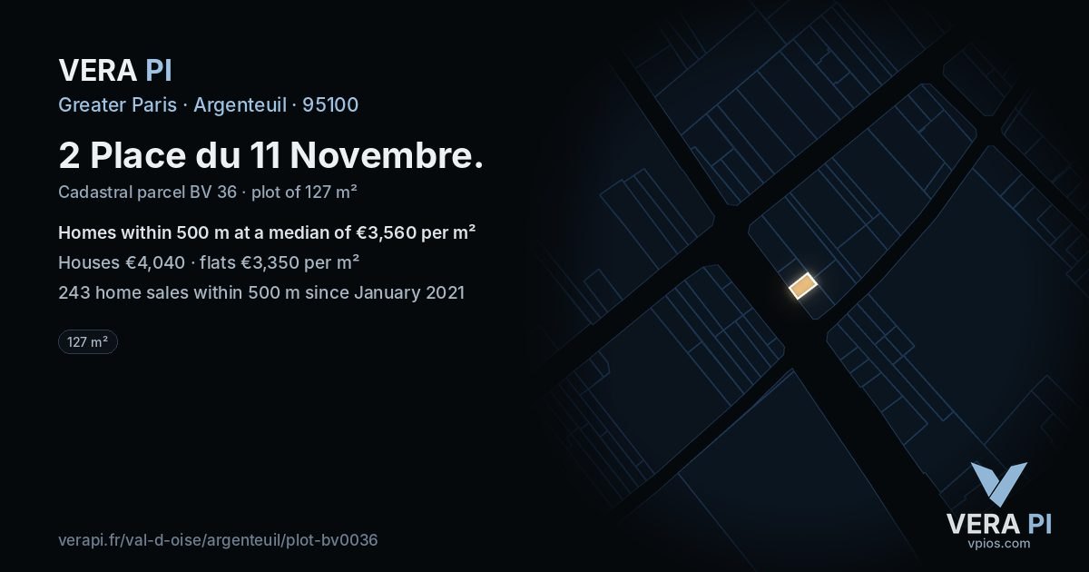 2 Place du 11 Novembre, Argenteuil at night – the plot lit, the parcels around coloured by the prices near them