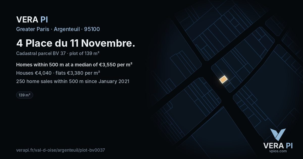 4 Place du 11 Novembre, Argenteuil at night – the plot lit, the parcels around coloured by the prices near them