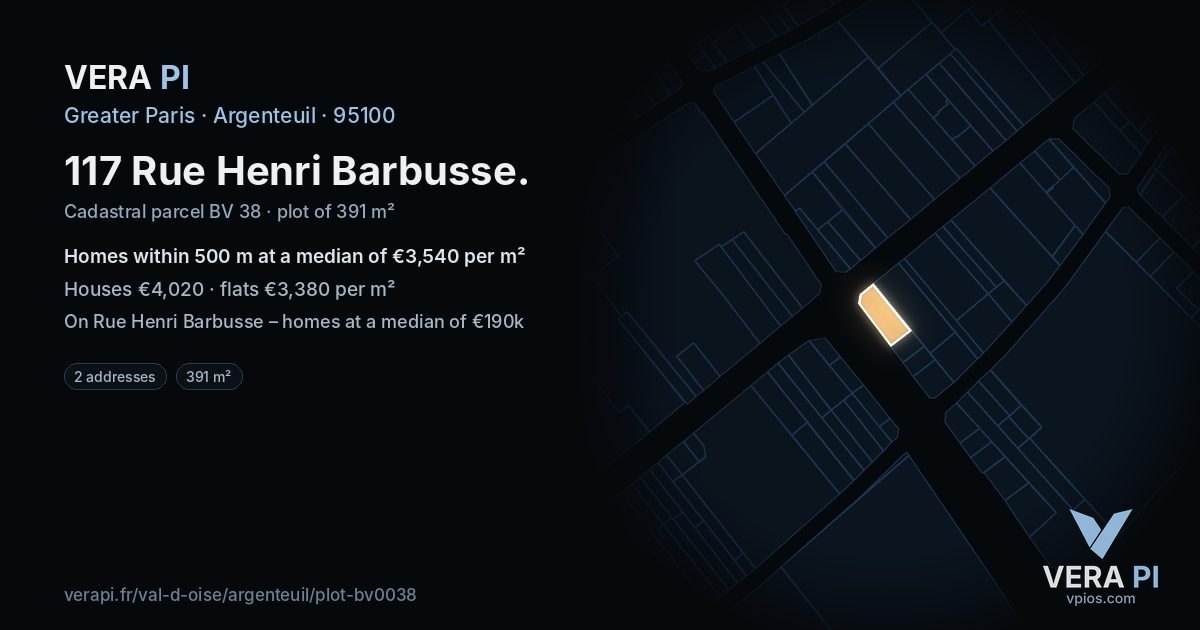 117 Rue Henri Barbusse, Argenteuil at night – the plot lit, the parcels around coloured by the prices near them