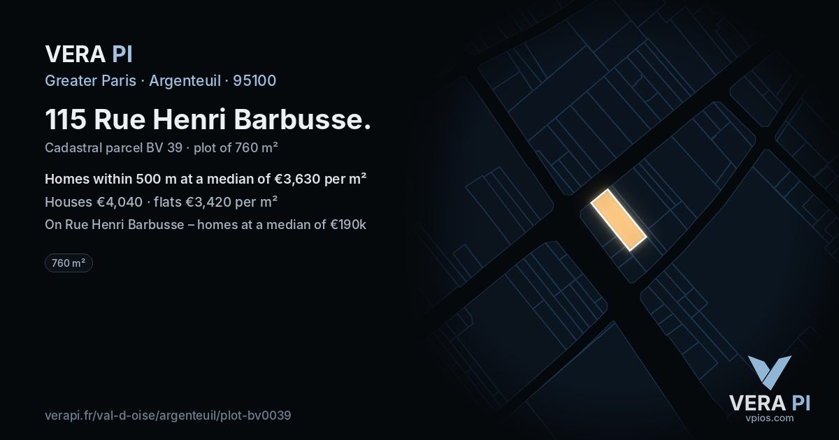 115 Rue Henri Barbusse, Argenteuil at night – the plot lit, the parcels around coloured by the prices near them