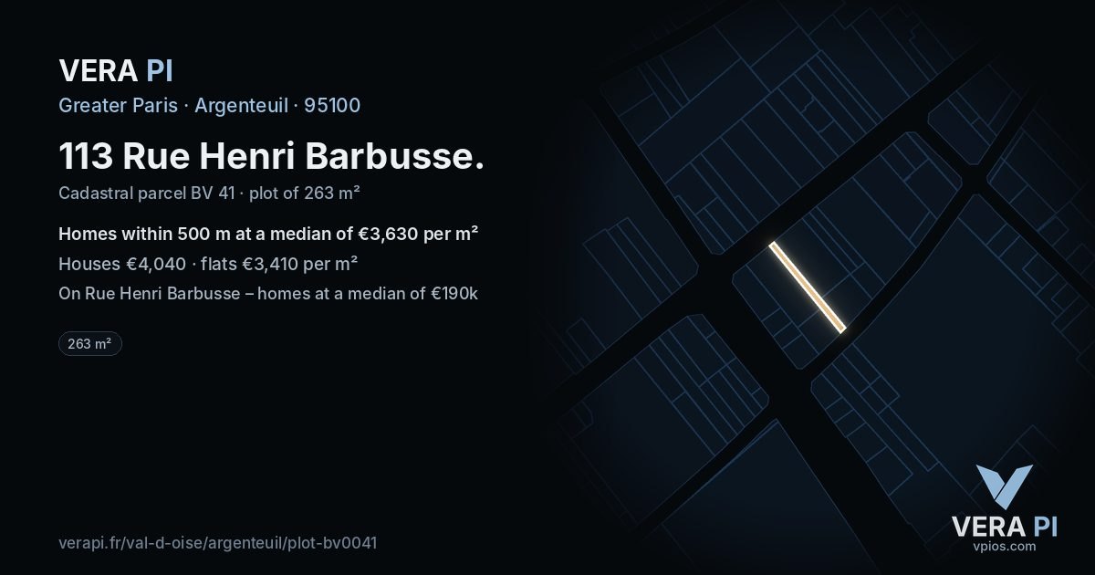 113 Rue Henri Barbusse, Argenteuil at night – the plot lit, the parcels around coloured by the prices near them