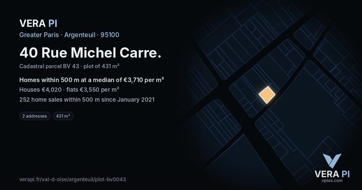 40 Rue Michel Carre, Argenteuil at night – the plot lit, the parcels around coloured by the prices near them