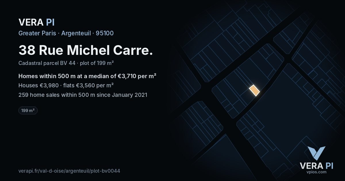 38 Rue Michel Carre, Argenteuil at night – the plot lit, the parcels around coloured by the prices near them