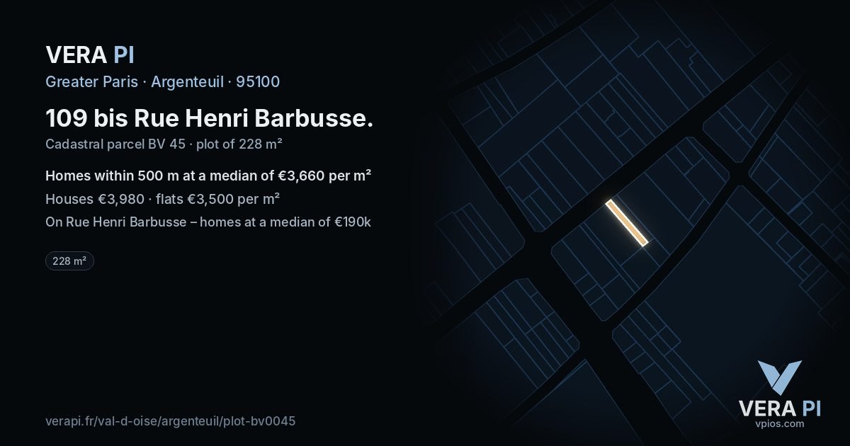 109 bis Rue Henri Barbusse, Argenteuil at night – the plot lit, the parcels around coloured by the prices near them