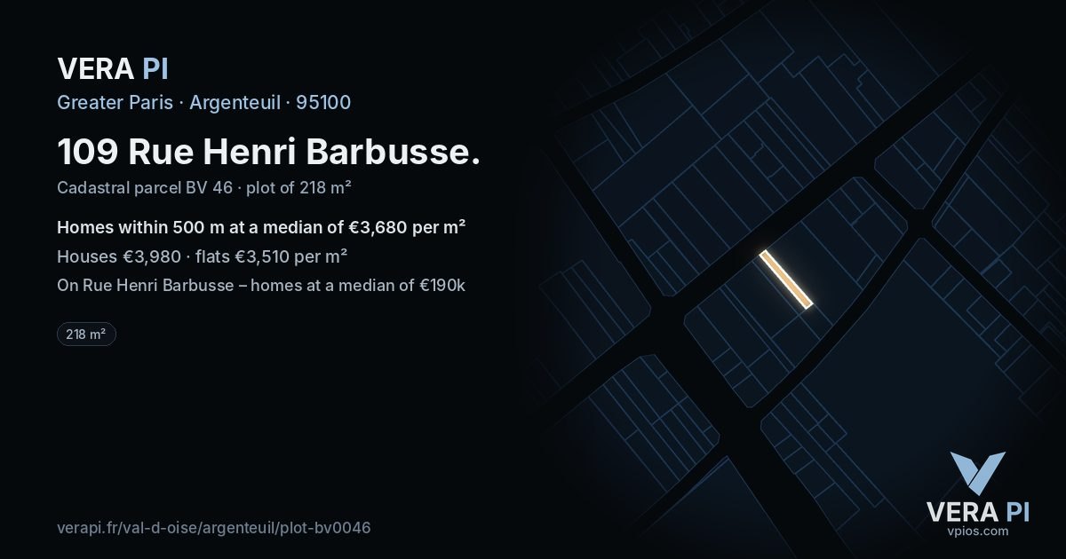 109 Rue Henri Barbusse, Argenteuil at night – the plot lit, the parcels around coloured by the prices near them