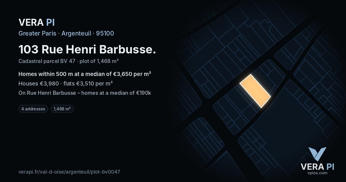 103 Rue Henri Barbusse, Argenteuil at night – the plot lit, the parcels around coloured by the prices near them