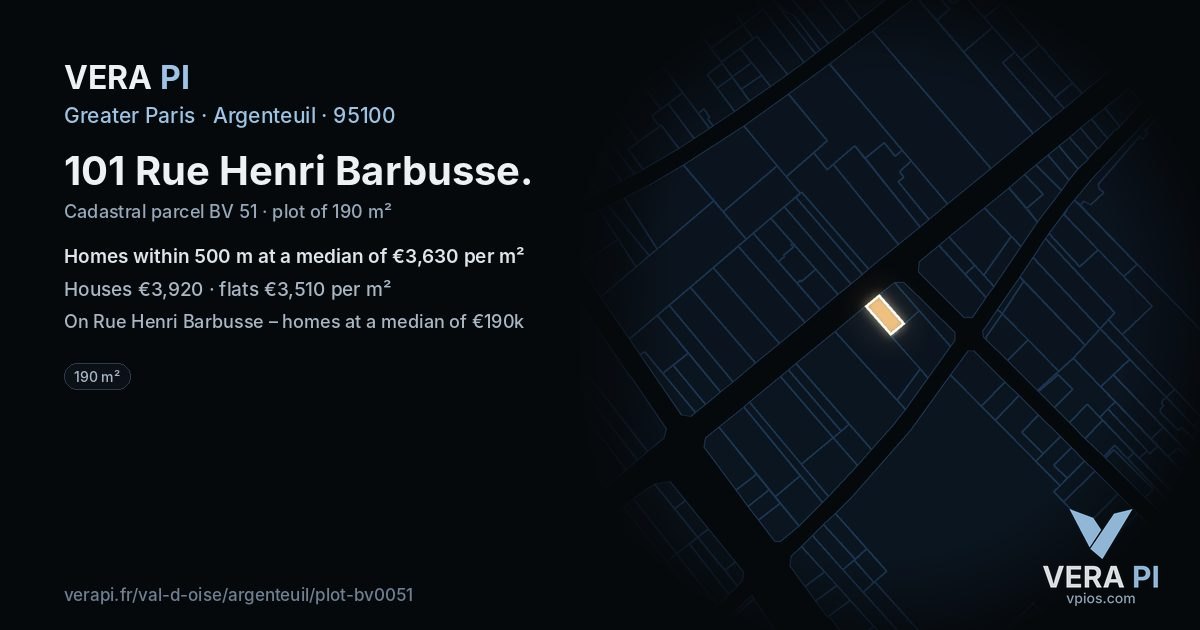 101 Rue Henri Barbusse, Argenteuil at night – the plot lit, the parcels around coloured by the prices near them