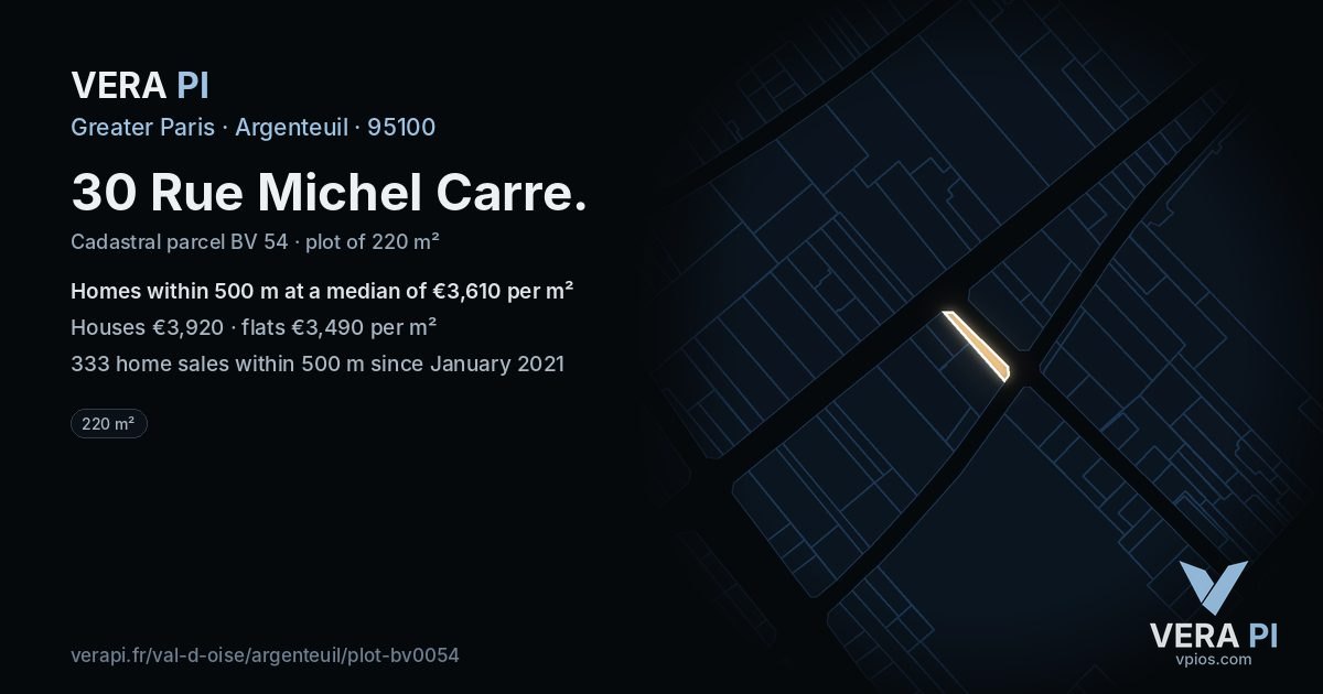 30 Rue Michel Carre, Argenteuil at night – the plot lit, the parcels around coloured by the prices near them
