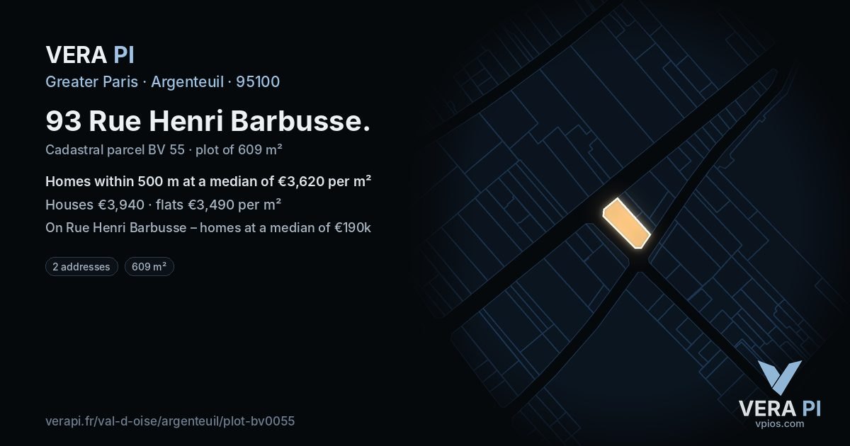 93 Rue Henri Barbusse, Argenteuil at night – the plot lit, the parcels around coloured by the prices near them