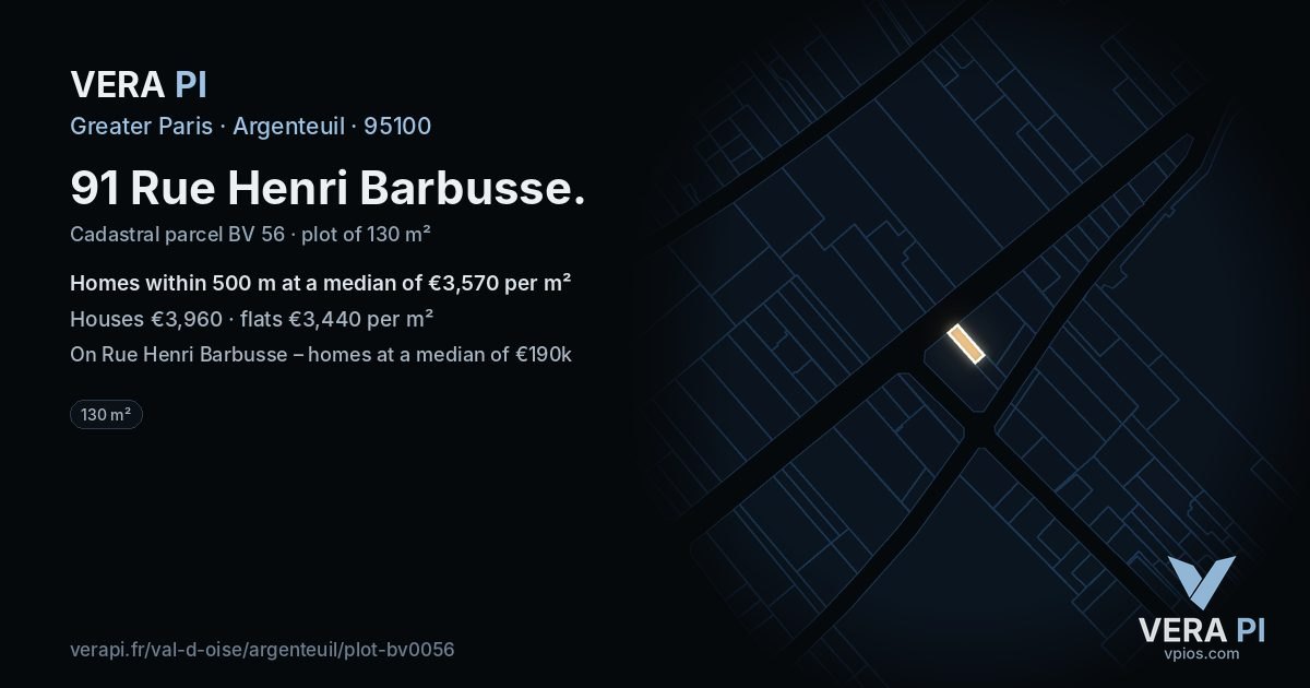 91 Rue Henri Barbusse, Argenteuil at night – the plot lit, the parcels around coloured by the prices near them