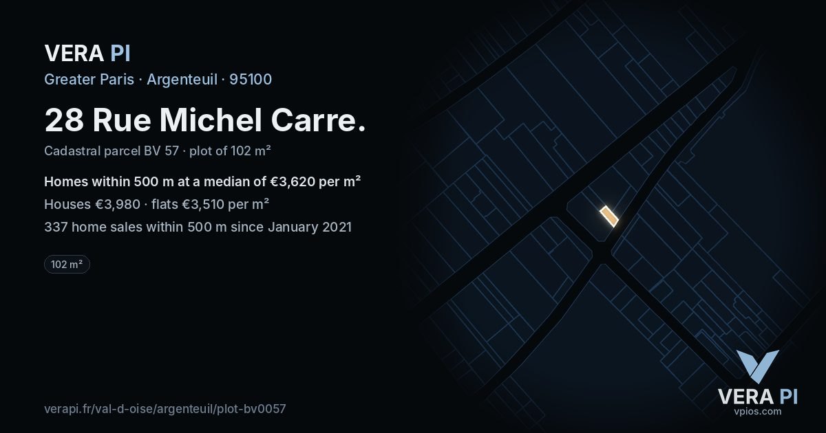 28 Rue Michel Carre, Argenteuil at night – the plot lit, the parcels around coloured by the prices near them
