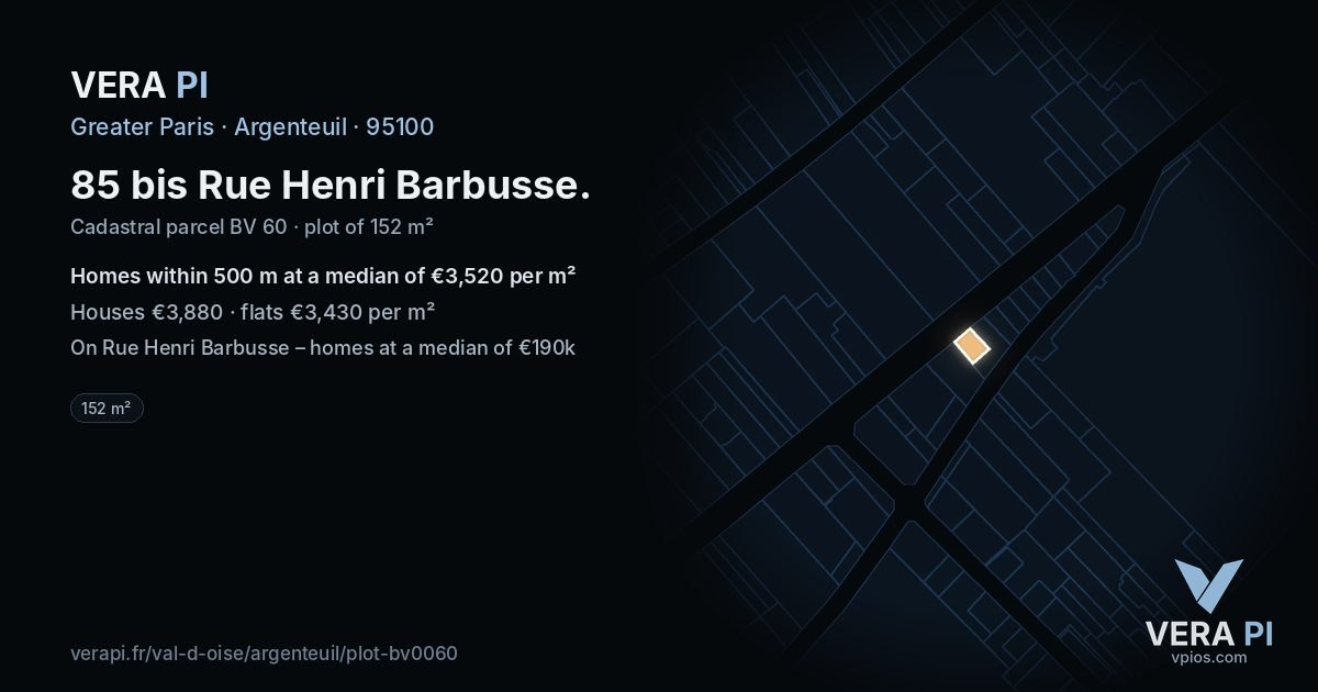 85 bis Rue Henri Barbusse, Argenteuil at night – the plot lit, the parcels around coloured by the prices near them