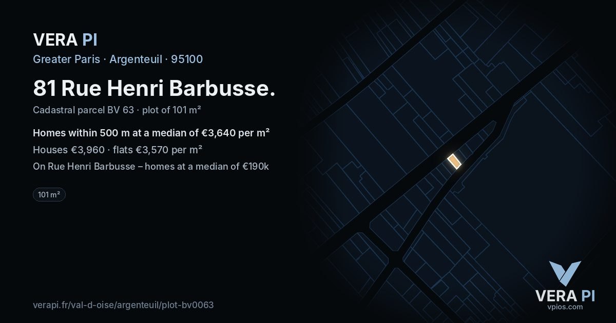 81 Rue Henri Barbusse, Argenteuil at night – the plot lit, the parcels around coloured by the prices near them