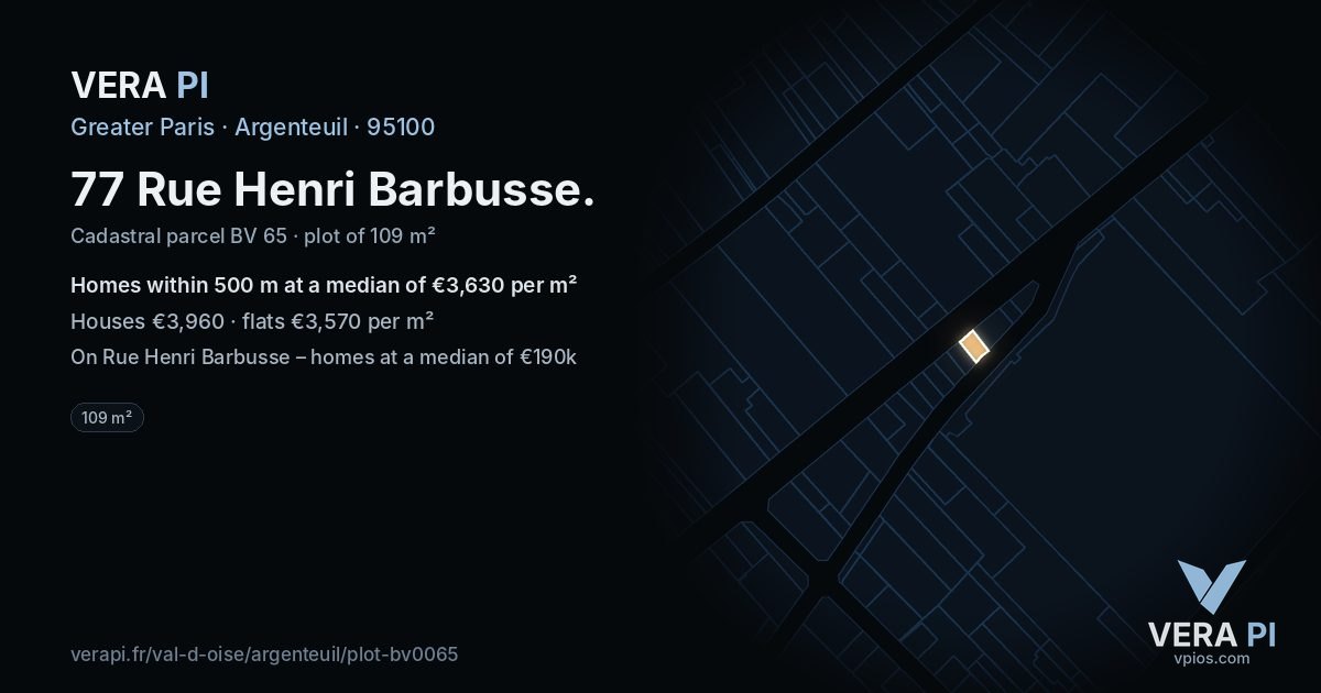77 Rue Henri Barbusse, Argenteuil at night – the plot lit, the parcels around coloured by the prices near them