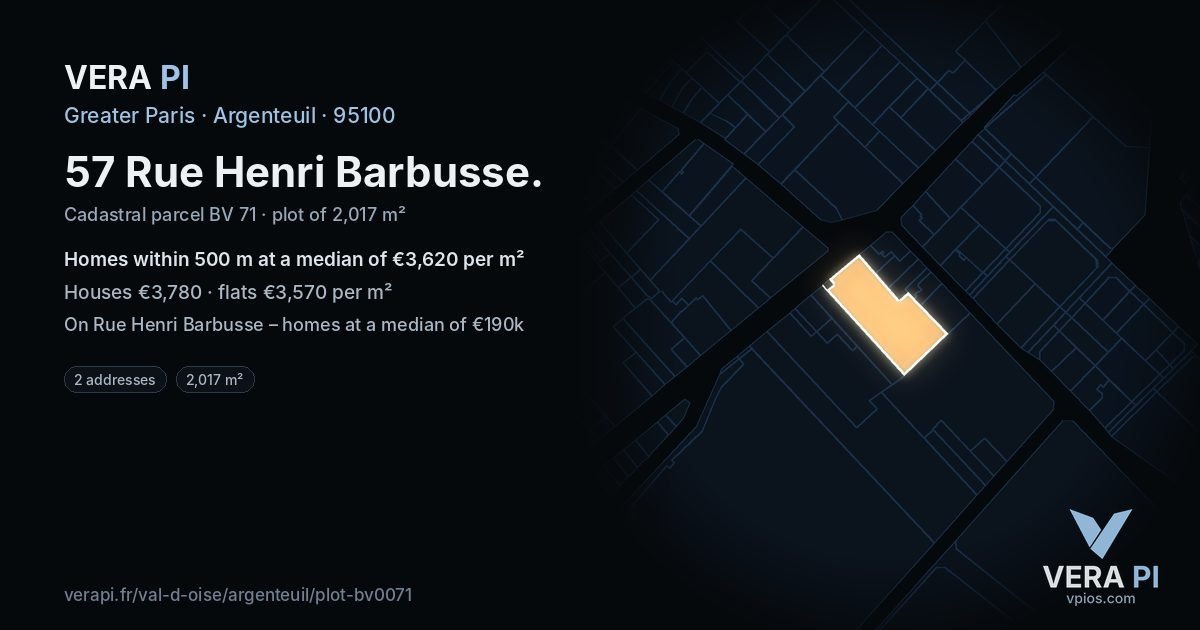 57 Rue Henri Barbusse, Argenteuil at night – the plot lit, the parcels around coloured by the prices near them