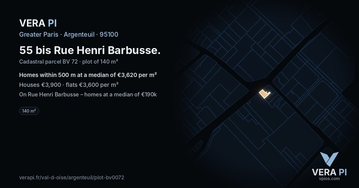 55 bis Rue Henri Barbusse, Argenteuil at night – the plot lit, the parcels around coloured by the prices near them