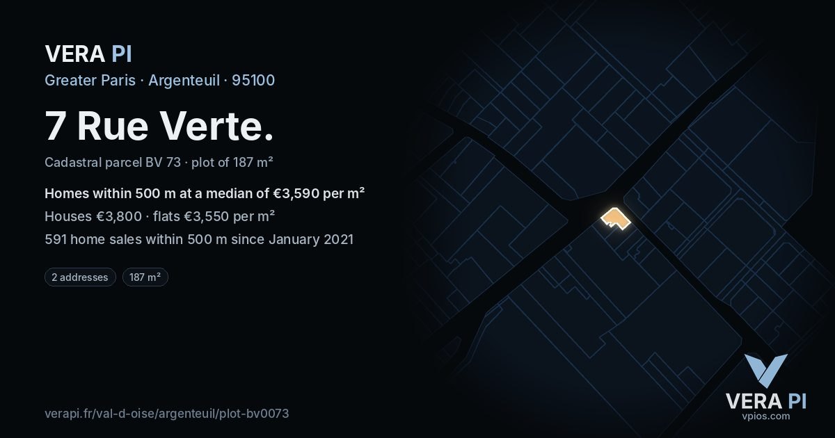 7 Rue Verte, Argenteuil at night – the plot lit, the parcels around coloured by the prices near them