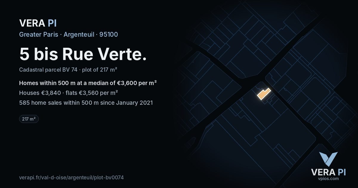 5 bis Rue Verte, Argenteuil at night – the plot lit, the parcels around coloured by the prices near them