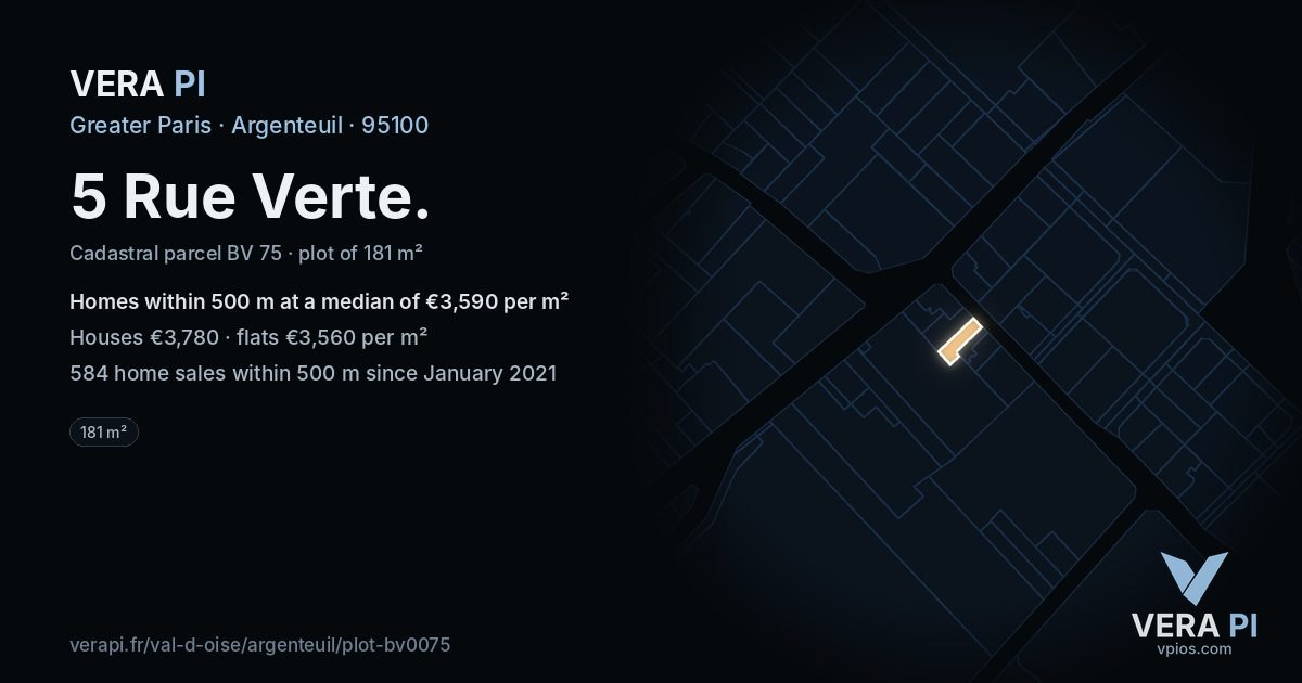 5 Rue Verte, Argenteuil at night – the plot lit, the parcels around coloured by the prices near them