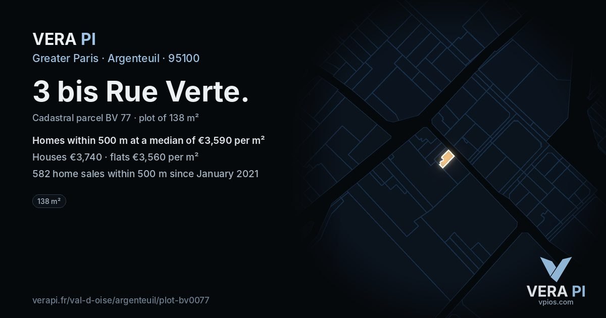3 bis Rue Verte, Argenteuil at night – the plot lit, the parcels around coloured by the prices near them