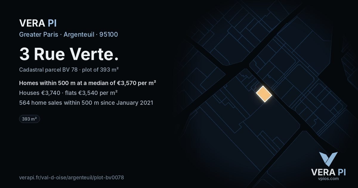 3 Rue Verte, Argenteuil at night – the plot lit, the parcels around coloured by the prices near them