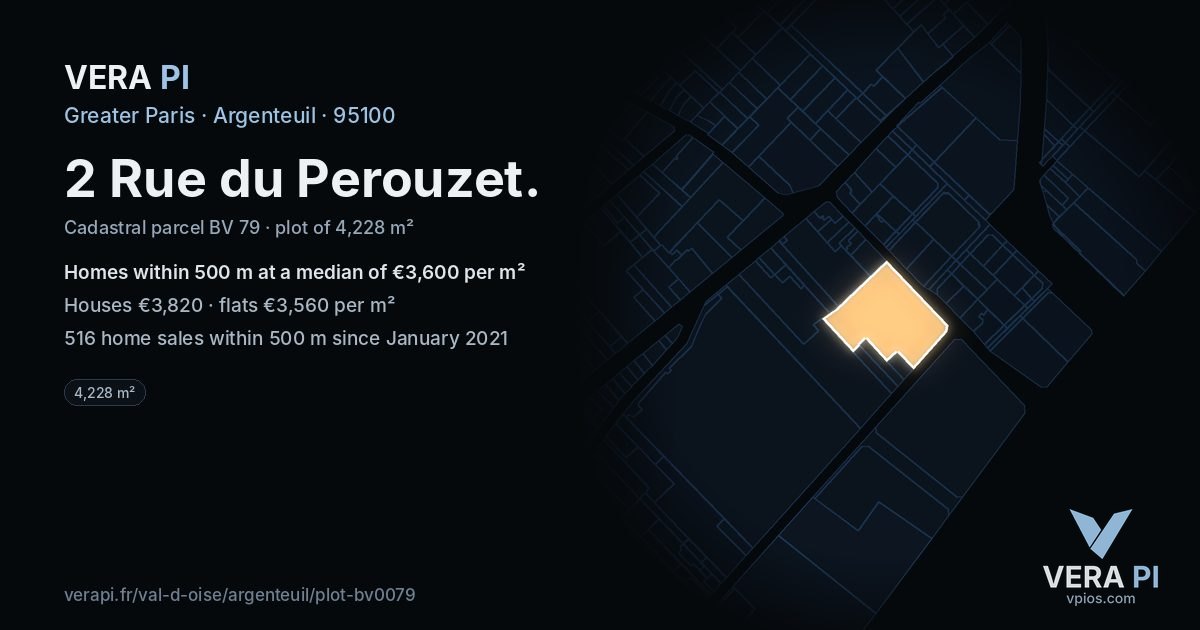 2 Rue du Perouzet, Argenteuil at night – the plot lit, the parcels around coloured by the prices near them