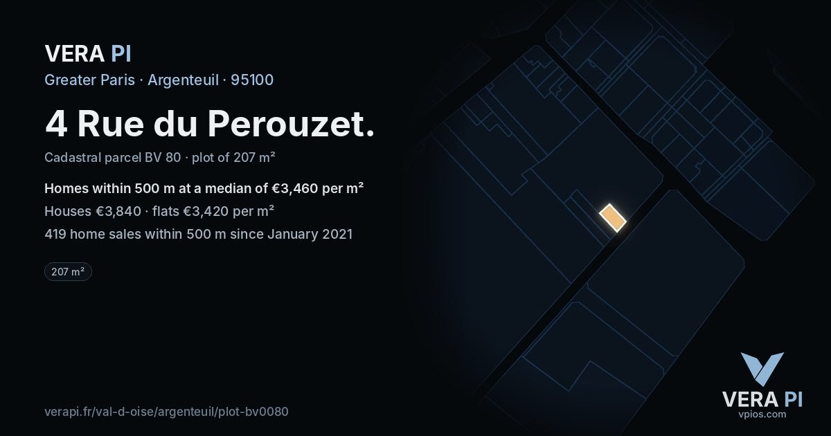 4 Rue du Perouzet, Argenteuil at night – the plot lit, the parcels around coloured by the prices near them