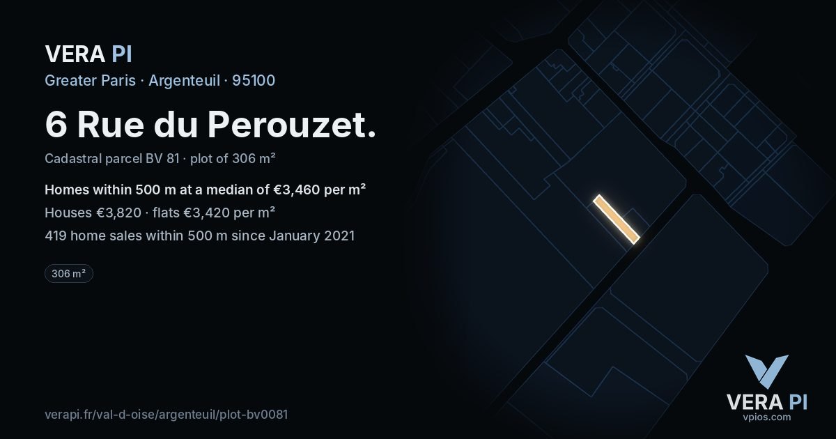 6 Rue du Perouzet, Argenteuil at night – the plot lit, the parcels around coloured by the prices near them
