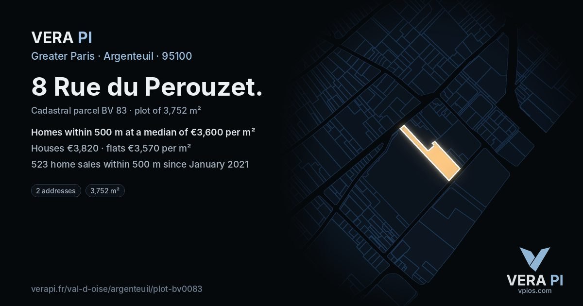 8 Rue du Perouzet, Argenteuil at night – the plot lit, the parcels around coloured by the prices near them