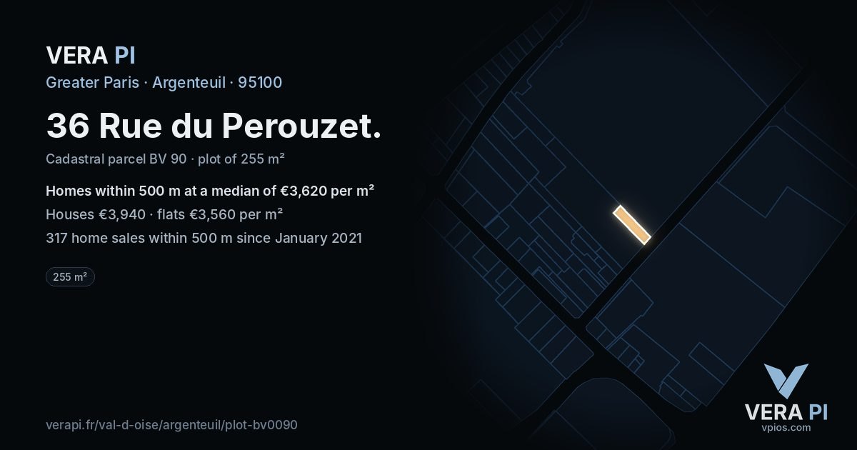 36 Rue du Perouzet, Argenteuil at night – the plot lit, the parcels around coloured by the prices near them
