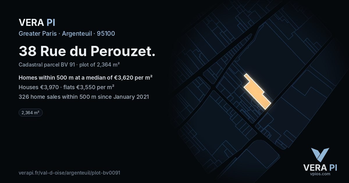 38 Rue du Perouzet, Argenteuil at night – the plot lit, the parcels around coloured by the prices near them