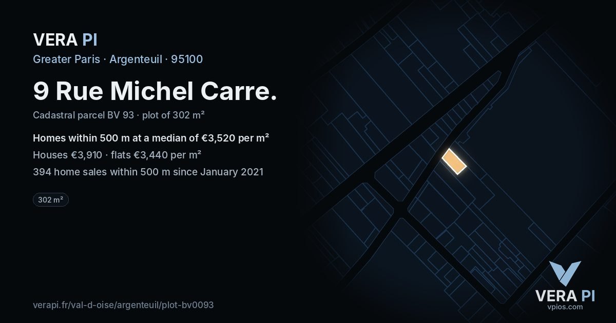9 Rue Michel Carre, Argenteuil at night – the plot lit, the parcels around coloured by the prices near them