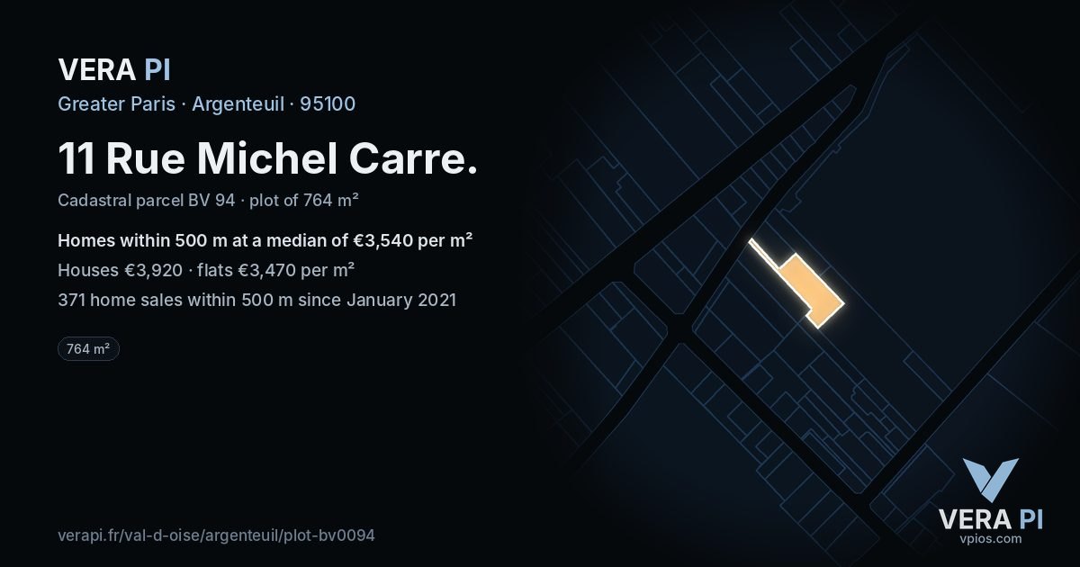 11 Rue Michel Carre, Argenteuil at night – the plot lit, the parcels around coloured by the prices near them