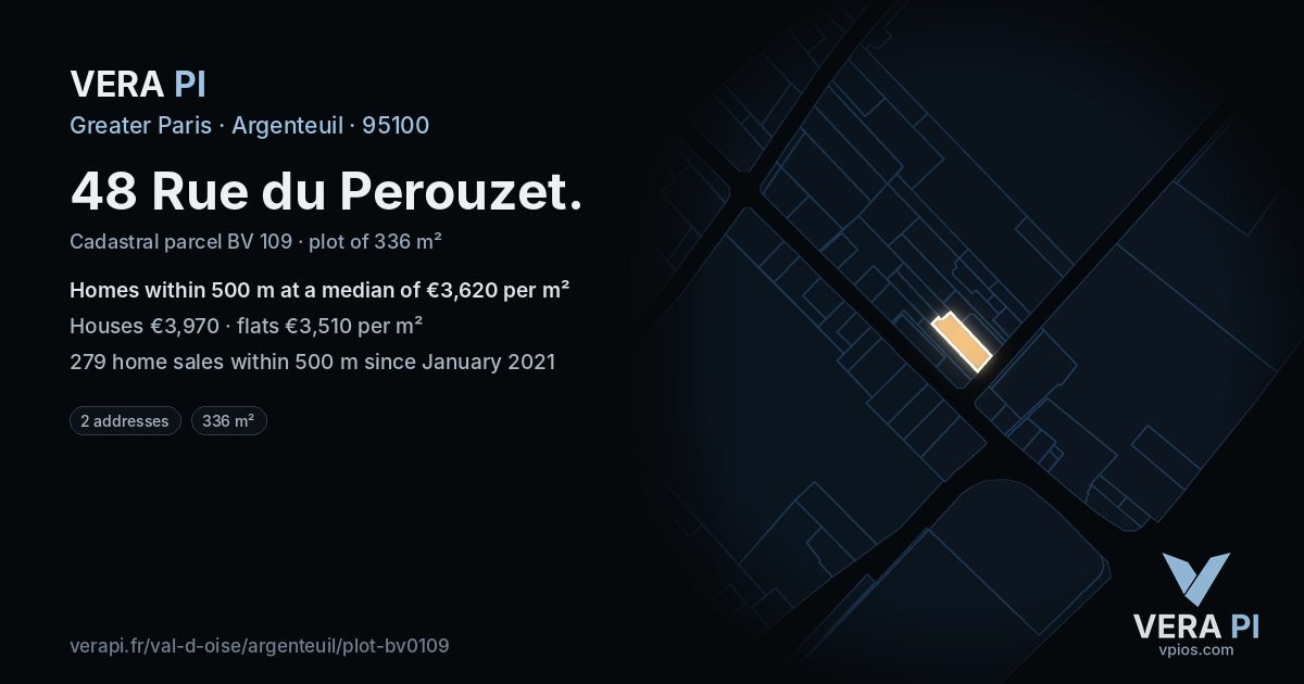 48 Rue du Perouzet, Argenteuil at night – the plot lit, the parcels around coloured by the prices near them