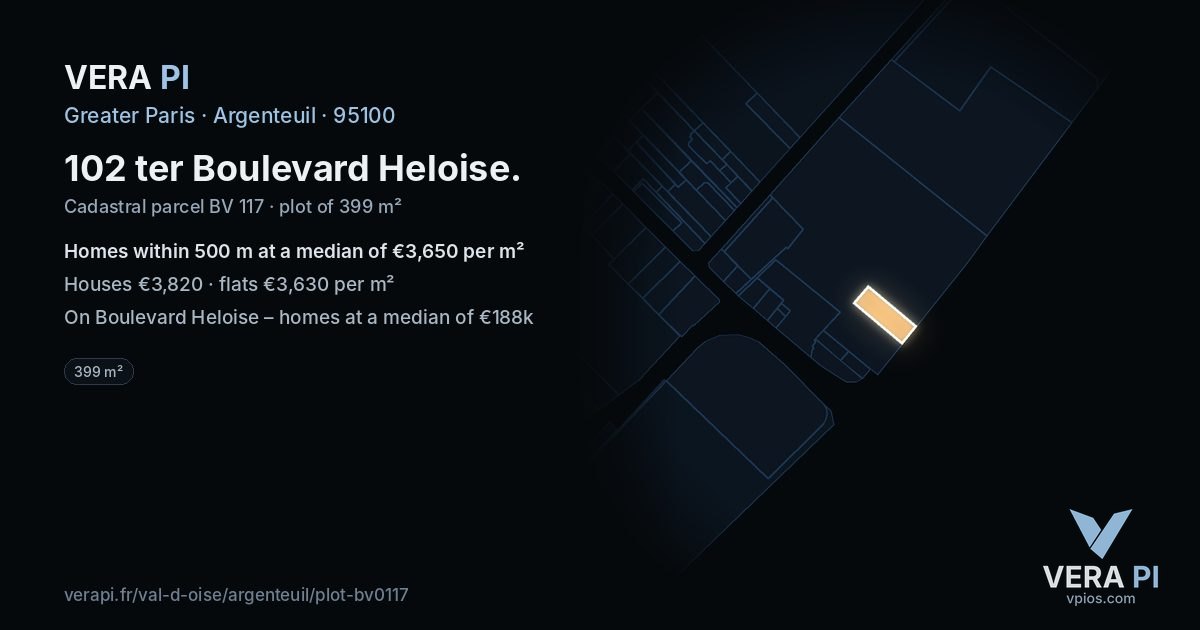 102 ter Boulevard Heloise, Argenteuil at night – the plot lit, the parcels around coloured by the prices near them