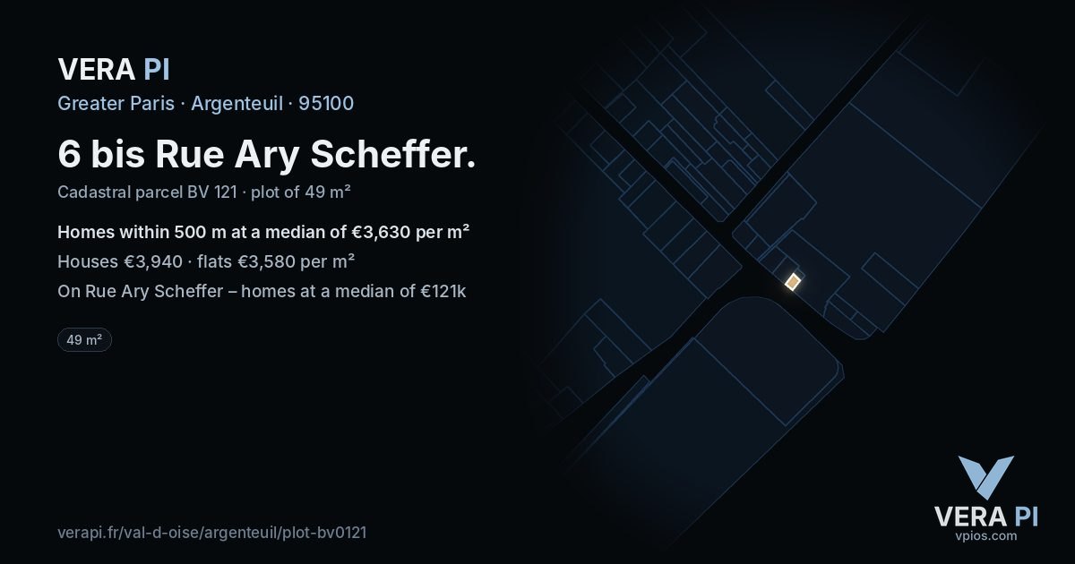 6 bis Rue Ary Scheffer, Argenteuil at night – the plot lit, the parcels around coloured by the prices near them